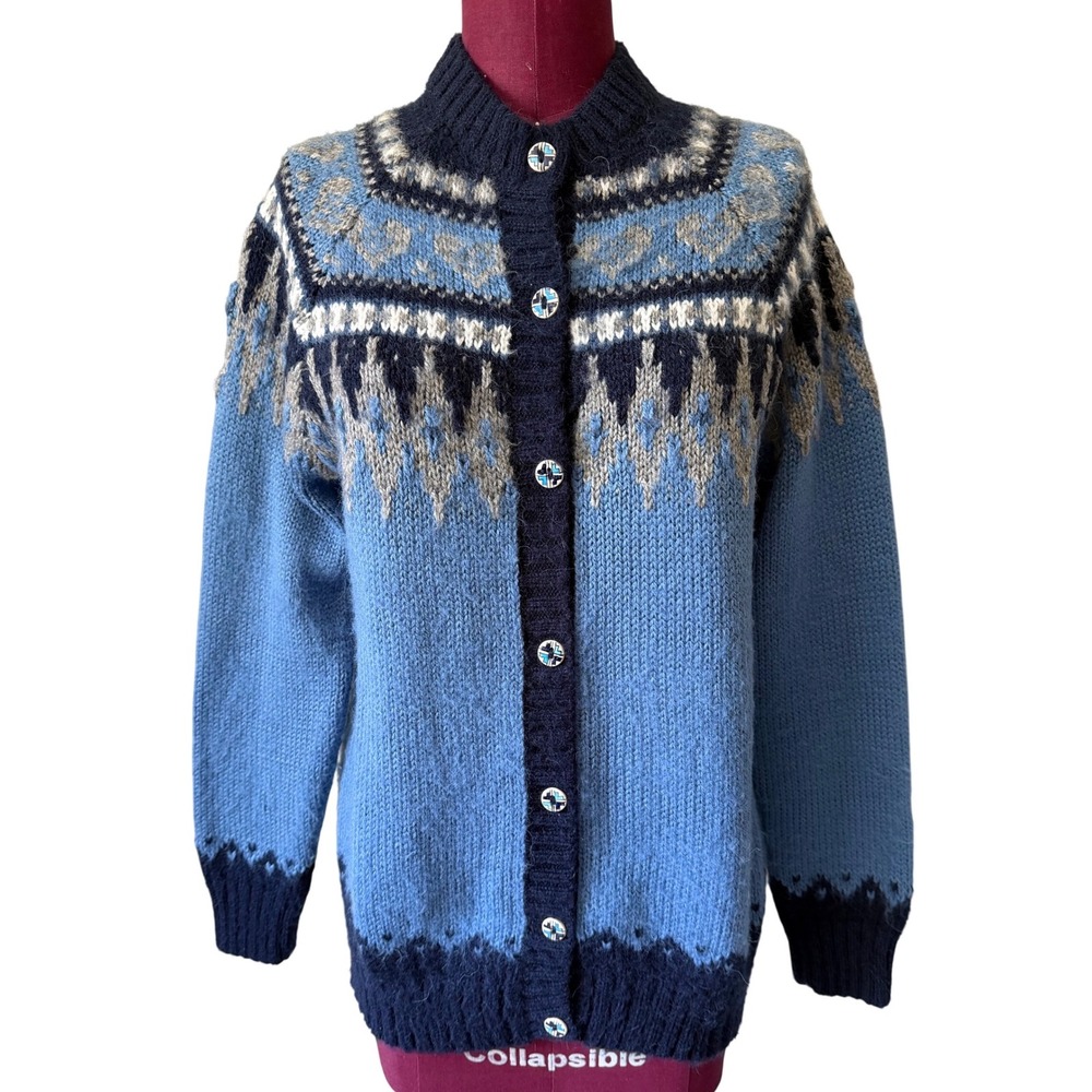 Alpaca Connection Cardigan Sweater Fair Isle Alpaca Blend Blue Medium - Picture 2 of 9